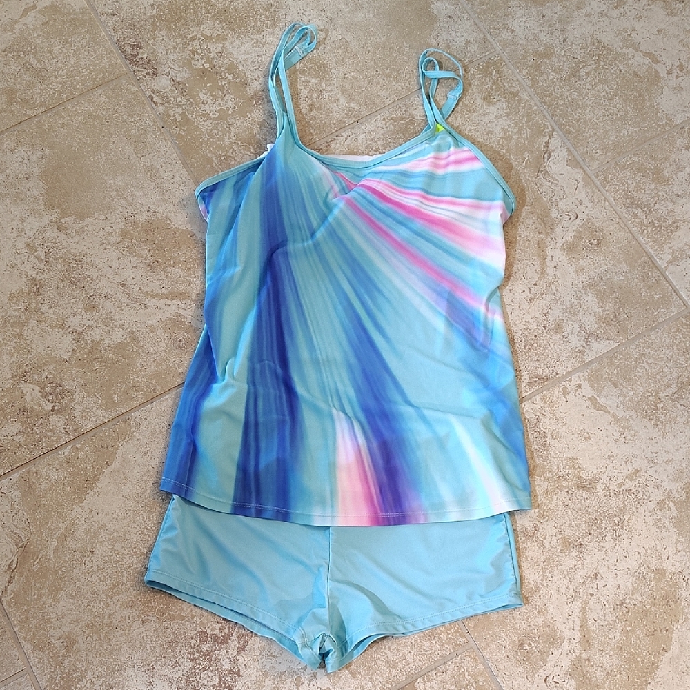 Swimsuits For All Blue Tie-Dye Tankini Set with Pink & Purple Accents